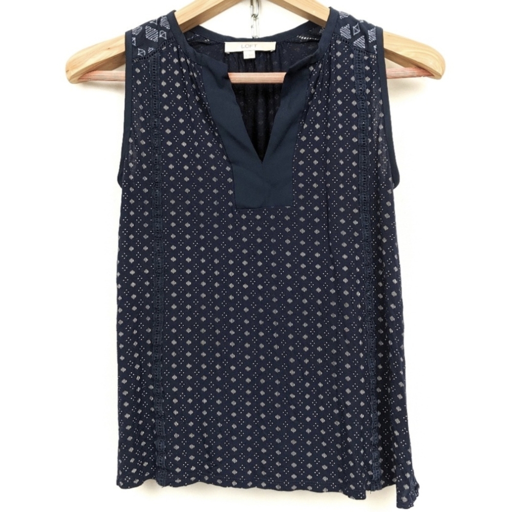 LOFT Tank Top Sleeveless V-Neck Blouse Mini Diamond Print Cut Out Trim Blue S